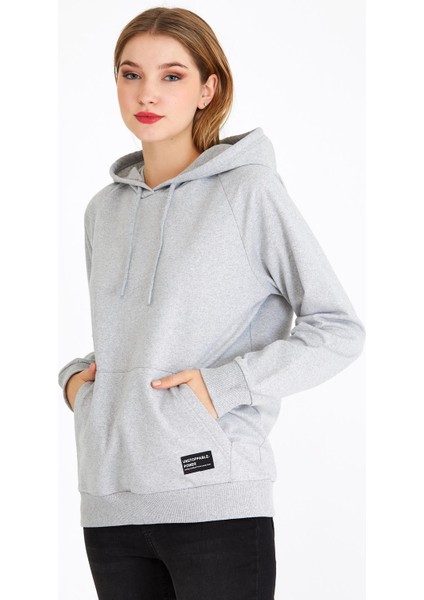 Kadın Gri Renk Kapüşonlu Basic Örme Sweatshirt