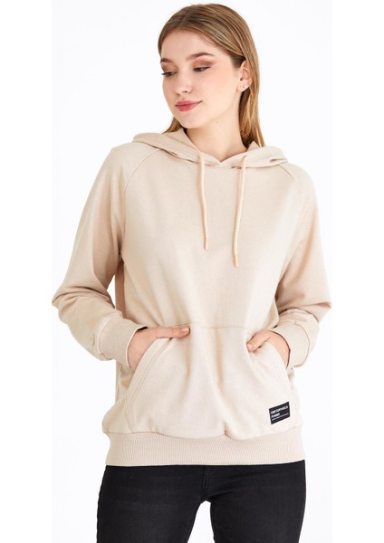 Kadın Bej Kapüşonlu Basic Örme Sweatshirt