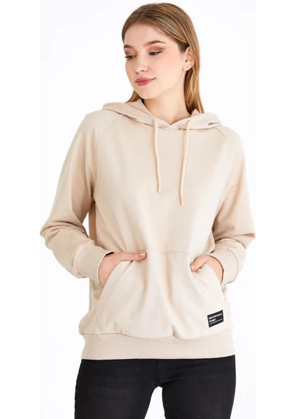 mmetalic Kadın Bej Kapüşonlu Basic Örme Sweatshirt