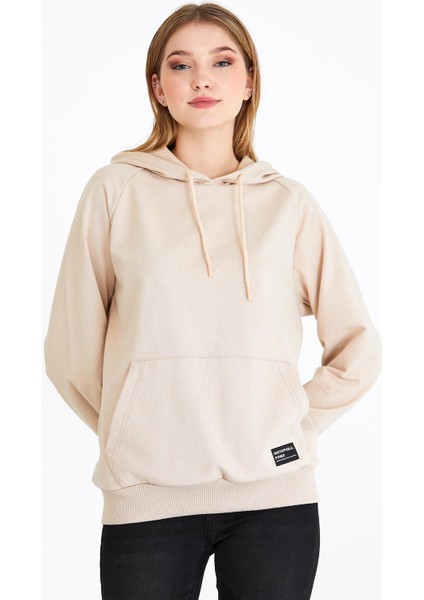 Kadın Bej Kapüşonlu Basic Örme Sweatshirt