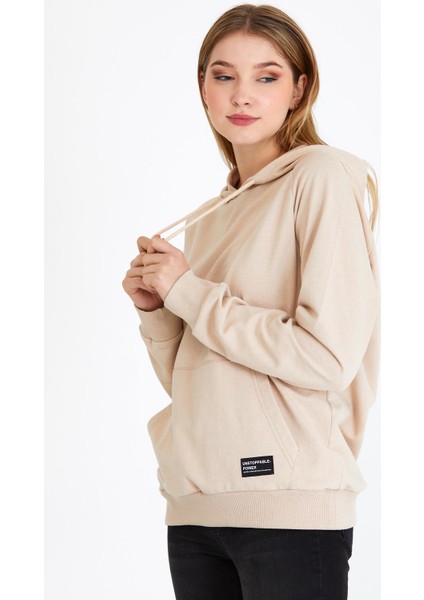 Kadın Bej Kapüşonlu Basic Örme Sweatshirt