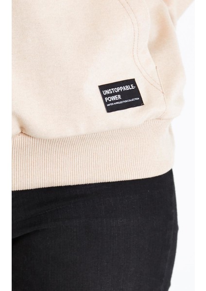 Kadın Bej Kapüşonlu Basic Örme Sweatshirt