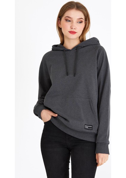 Kadın Antrasit Kapüşonlu Basic Örme Sweatshirt