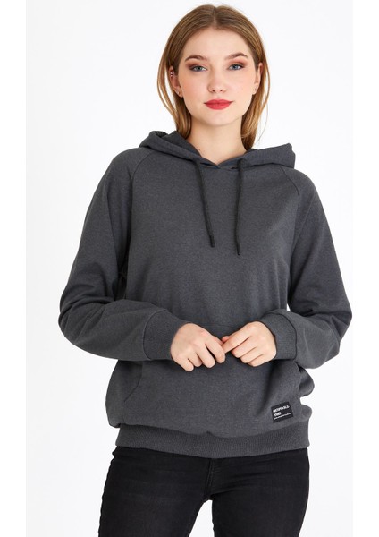 Kadın Antrasit Kapüşonlu Basic Örme Sweatshirt
