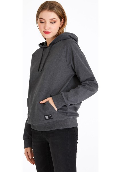 Kadın Antrasit Kapüşonlu Basic Örme Sweatshirt