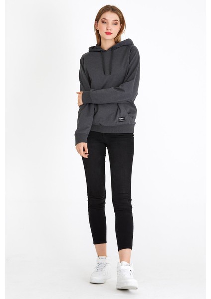 Kadın Antrasit Kapüşonlu Basic Örme Sweatshirt