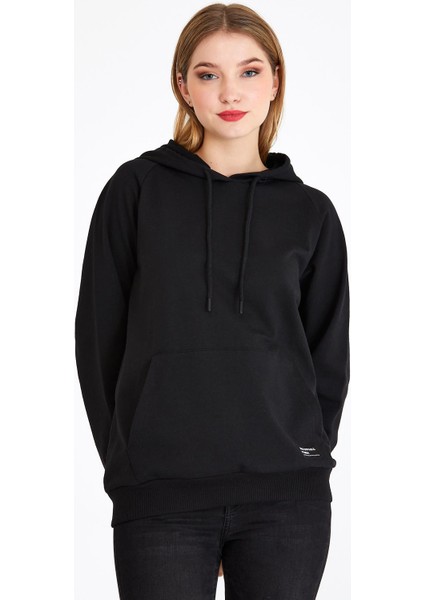 Kadın Siyah Kapüşonlu Basic Örme Sweatshirt