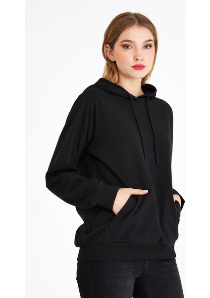 Kadın Siyah Kapüşonlu Basic Örme Sweatshirt