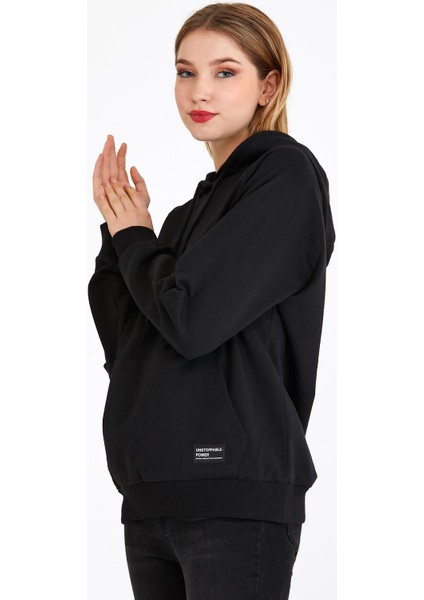 Kadın Siyah Kapüşonlu Basic Örme Sweatshirt