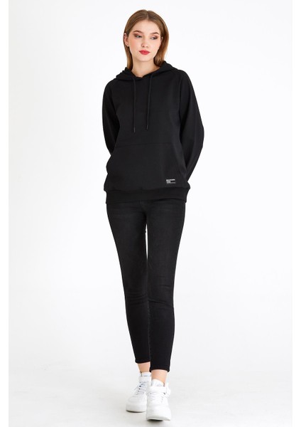 Kadın Siyah Kapüşonlu Basic Örme Sweatshirt