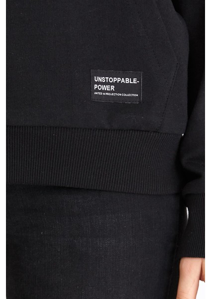 Kadın Siyah Kapüşonlu Basic Örme Sweatshirt