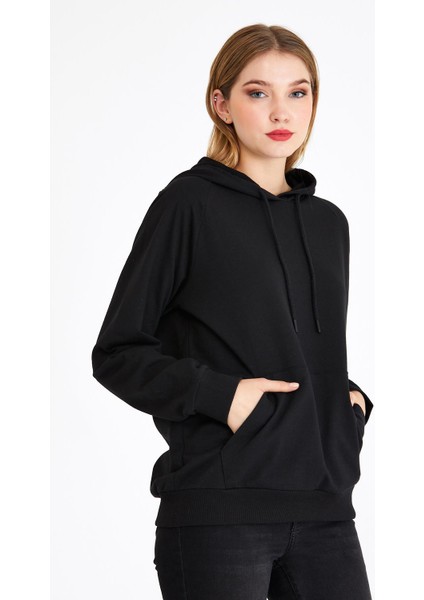 mmetalic Kadın Siyah Kapüşonlu Basic Örme Sweatshirt