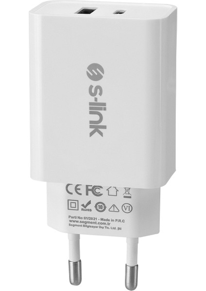 S Link SL-EC60 20W Pd3.0/quick Charge Qc3.0 Type Usb-C +Usb A Hızlı Beyaz Ev Şarj Adaptörü