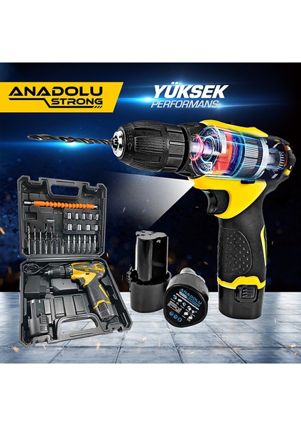 Anadolu Strong Anadolustrong ANS1062S 12V Çift Akülü Şarjlı Matkap Li-Ion Bataryalı 27 Parça Hediyeli Matkap