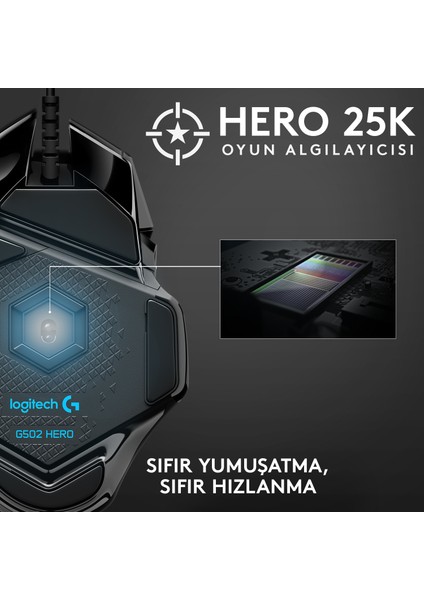 G G502 HERO LIGHTSYNC 25.600 DPI Yüksek Performanslı Kablolu Oyuncu Mouse - Siyah