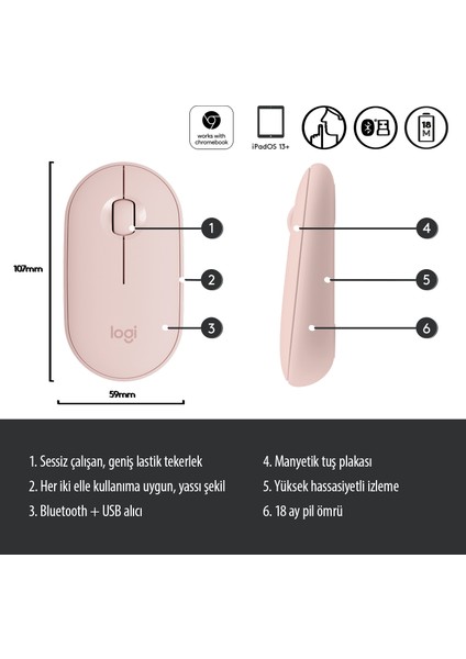 M350 Pebble Sessiz Kablosuz Kompakt Mouse - Pembe