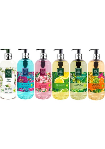 Sıvı Sabun Seti Ayvalık Zeytin Çiçeği, Çeşme Limonu, Japon Kiraz Çiçeği, Okyanus, Bodrum Mandalinası, Beyaz Sabun 500 ml