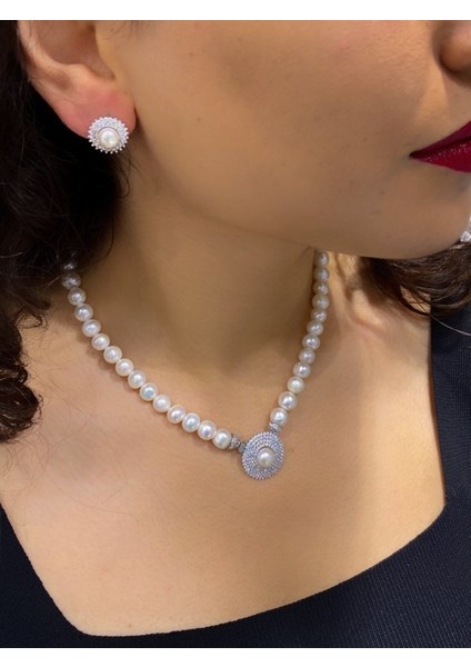Altın Modeli Düz Şık Inci Kolye Küpe 925 Gümüş Set