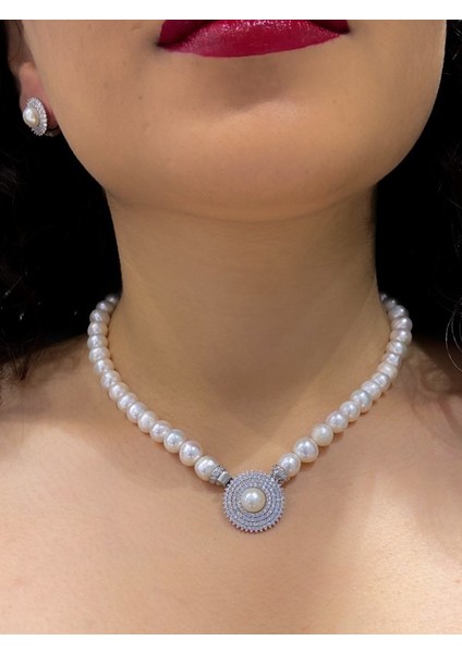 Altın Modeli Düz Şık Inci Kolye Küpe 925 Gümüş Set