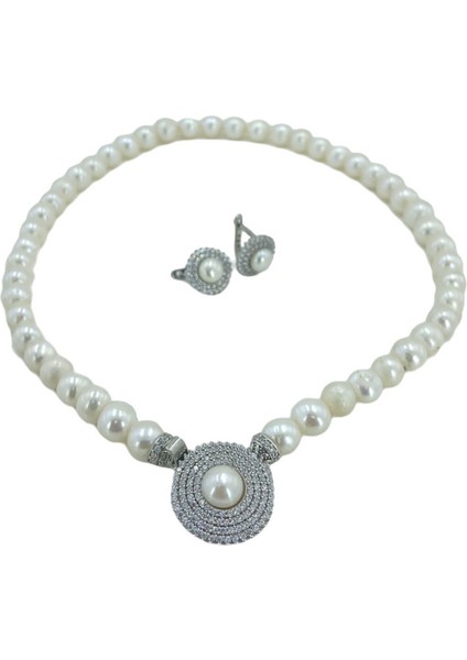 Altın Modeli Düz Şık Inci Kolye Küpe 925 Gümüş Set