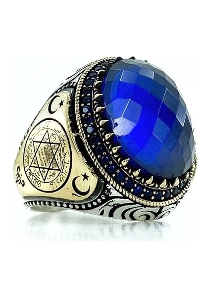 Oval Safir Süleyman Mührü Üst Kalite Gümüş Erkek Yüzük