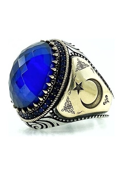 Oval Safir Süleyman Mührü Üst Kalite Gümüş Erkek Yüzük