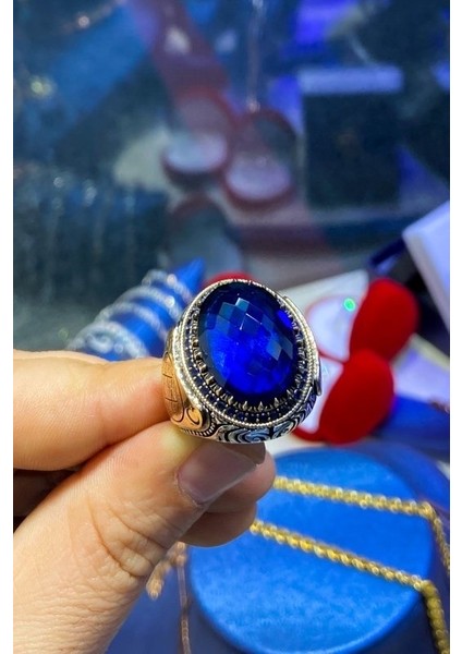 Oval Safir Süleyman Mührü Üst Kalite Gümüş Erkek Yüzük