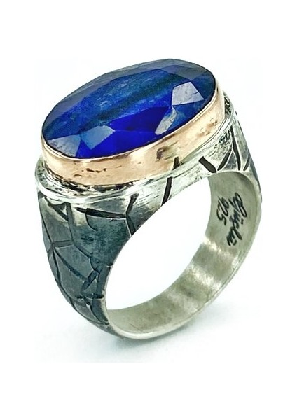Doğal Safir Taş El Üretimi Gümüş Erkek Yüzük