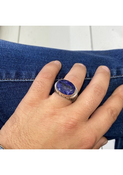 Doğal Safir Taş El Üretimi Gümüş Erkek Yüzük fırsatları