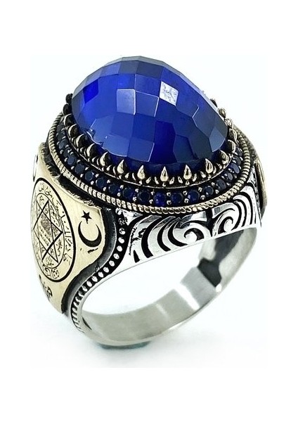 Oval Safir Süleyman Mührü Üst Kalite Gümüş Erkek Yüzük