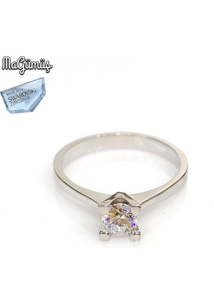 Swarovski Taşlı 4 mm Tektaş Gümüş Bayan Yüzük
