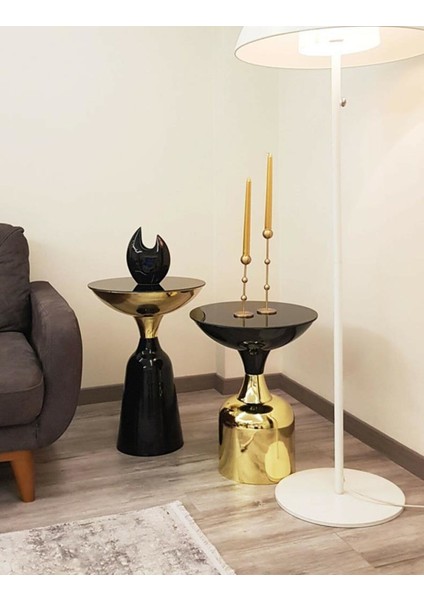Olympos Dekoratif Parlak Siyah Model Gold Sehpa 50 ve 55 cm