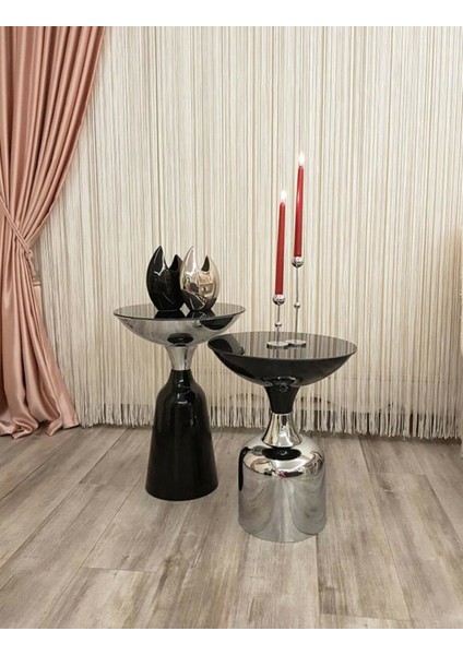 Olympos Dekoratif Parlak Siyah Uzun Model Krom Sehpa 55 cm