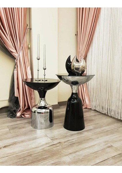 Olympos Dekoratif Parlak Siyah Uzun Model Krom Sehpa 55 cm