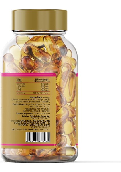 Omega 3 Balık Yağı 670 Mg With Vitamin E , 200 Adet Softgel