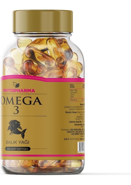 Omega 3 Balık Yağı 670 Mg With Vitamin E , 200 Adet Softgel