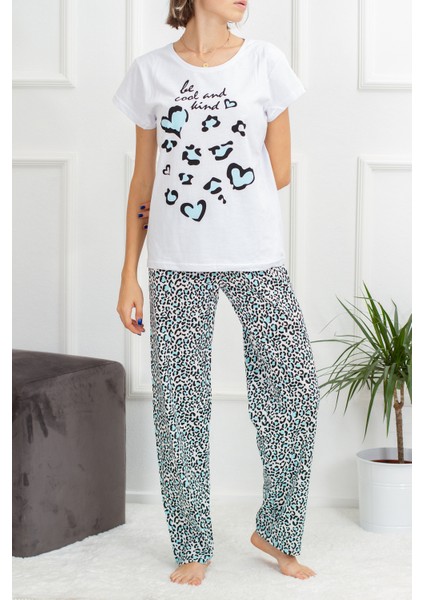 Kadın Beyaz Mavi Leopar Desenli Pamuklu Kısa Kollu Pijama Takımı