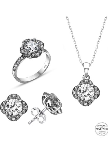Sertifikalı Swarovski Tektaş Gül Modeli 925 Gümüş Set