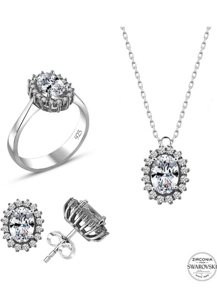 Sertifikalı Swarovski Oval Kesim Tek Taş 925 Gümüş Set fiyatları