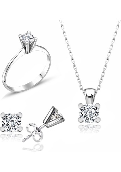 Sertifikalı Swarovski Taş Zarif Tek Taş 925 Gümüş Set Takım