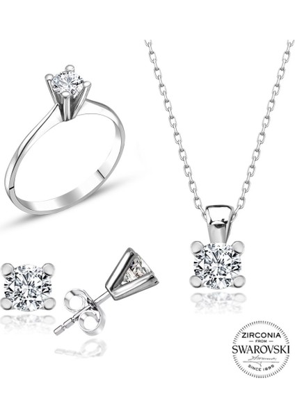 Sertifikalı Swarovski Taş Zarif Tek Taş 925 Gümüş Set Takım