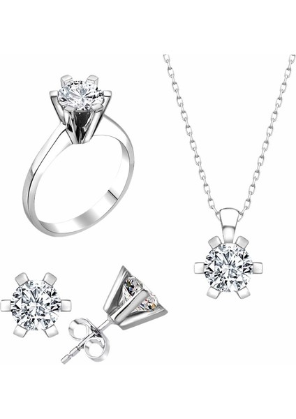 Sertifikalı Swarovski Taş 6 Tırnaklı 925 Gümüş Set Takım