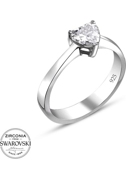 Swarovski Sertifikalı Kalp Tek Taş 925 Gümüş Yüzük