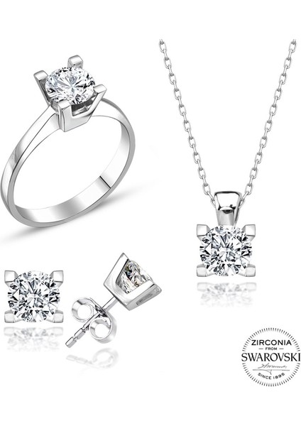 Sertifikalı Swarovski Taş Klasik Tek Taş 925 Gümüş Set Takım