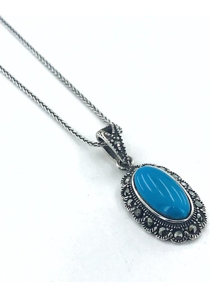 Oval Kesim Firuze Taşlı Markazit Gümüş Kolye fiyatları