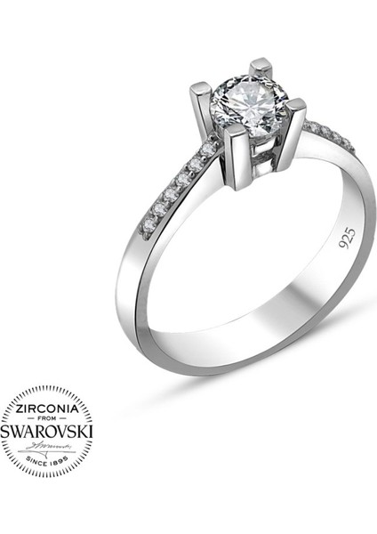Sertifikalı Swarovski Taşlı Tek Taş 925 Gümüş Yüzük