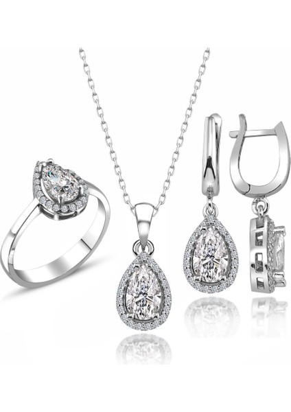 Sertifikalı Swarovski Taş Damla 925 Gümüş Set Takım