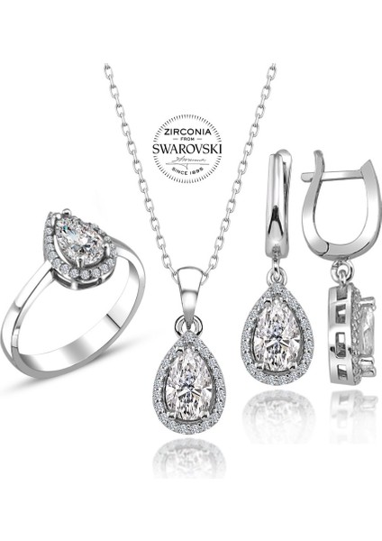 Sertifikalı Swarovski Taş Damla 925 Gümüş Set Takım