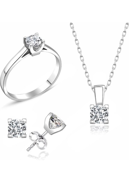 Sertifikalı Swarovski Minik Tek Taş 925 Gümüş Set Takım