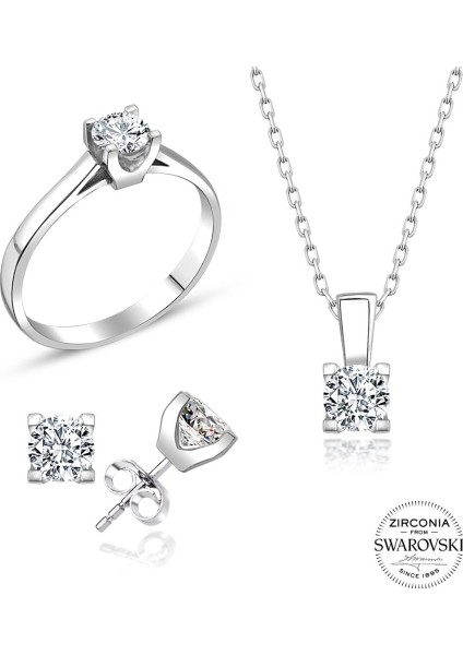 Sertifikalı Swarovski Minik Tek Taş 925 Gümüş Set Takım
